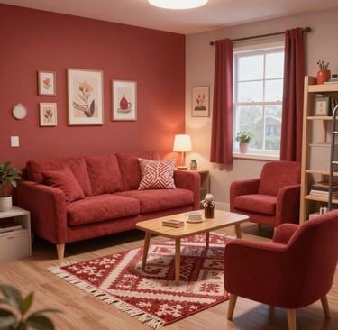 A serene living room corner with a comfy reading nook, soft lighting, and natural wood accents.