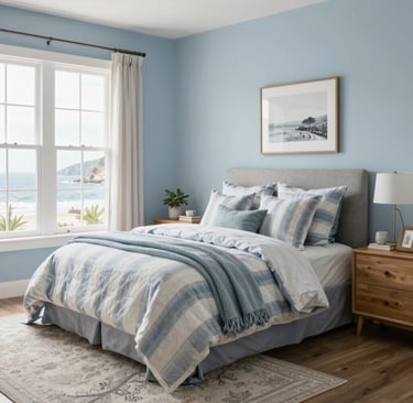 A minimalist bedroom featuring warm wooden accents, a plush area rug, and a small indoor plant on the nightstand.