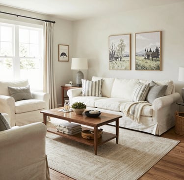 A bright living area with colorful throw pillows, a mid-century modern armchair, and a gallery wall of art.