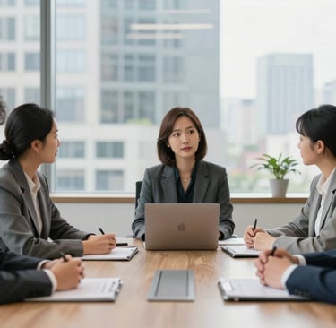 A sophisticated, clean office space in a US city where foundation leaders are gathered for a productive meeting. The setting exudes trustworthy professionalism, with soft natural lighting and a focus on compassionate leadership.