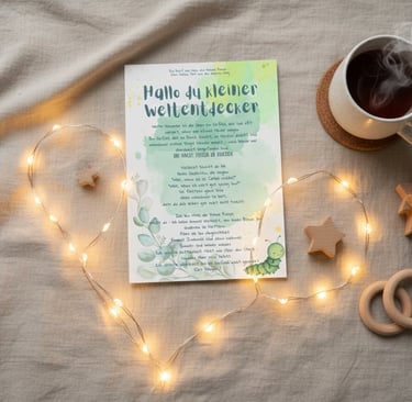 Kids affirmation letter on linen with fairy lights, wooden star toys, and a steaming cup of tea.