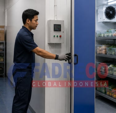 Workers organizing fresh produce in a commercial walk-in cold storage warehouse facility.