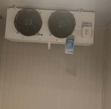Two black fans of a commercial refrigeration unit attached to a white ceiling in a clean, industrial-style room.
