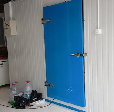 A blue industrial walk-in freezer door installed on white insulated sandwich panels.