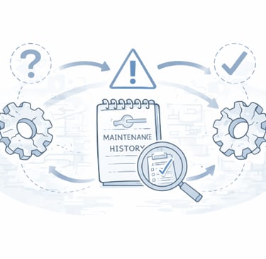 Maintenance history notebook with gears arrows and warning icons