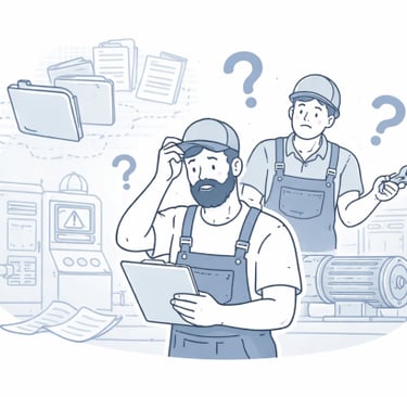 Maintenance workers looking confused while reviewing papers and folders