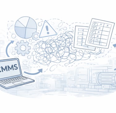Laptop labeled CMMS surrounded by tangled lines charts and documents