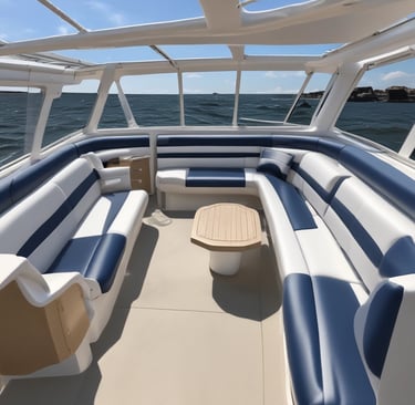 A beautifully upholstered boat cushion with navy blue marine-grade fabric and white piping.