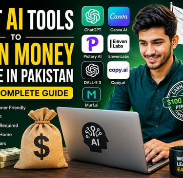 Young Pakistani freelancer using AI tools on a laptop to earn money online in Pakistan in 2026, feat