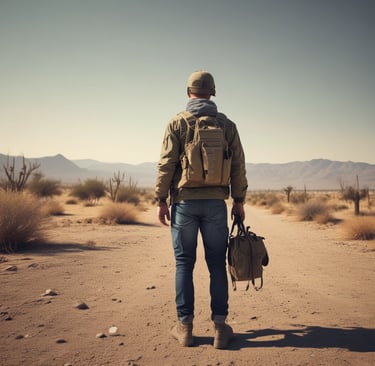 A male traveler with a backpack and duffel bag standing in a vast desert landscape with mountains.
