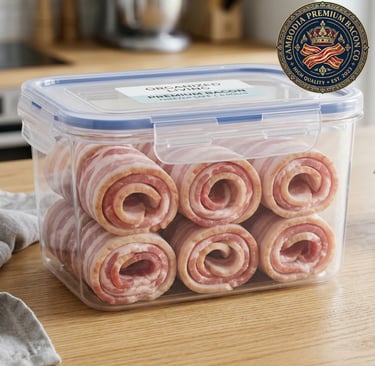 cambodia rolled bacon ready for freezing in containers