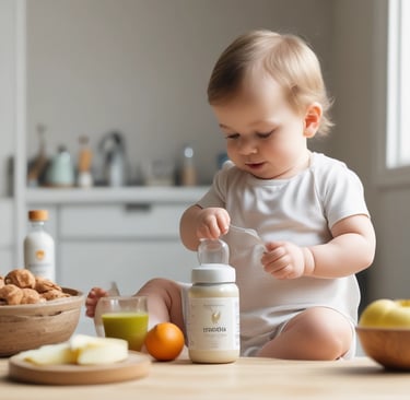 A cozy scene of a baby bottle and organic snacks arranged on a soft pastel blanket.
