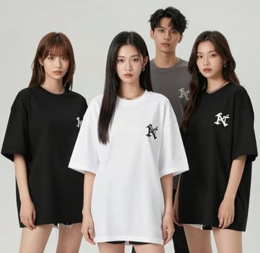 A group of friends wearing different custom oversized t-shirts, laughing and enjoying a sunny day outdoors.