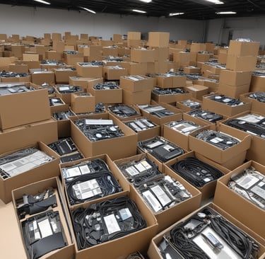 Close-up of new and used computer parts neatly arranged on a workbench.