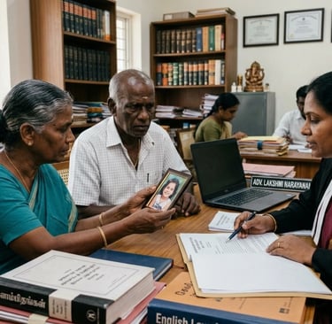 Elderly Indian couple consulting a female lawyer in a law library, holding a photograph for legal advice.