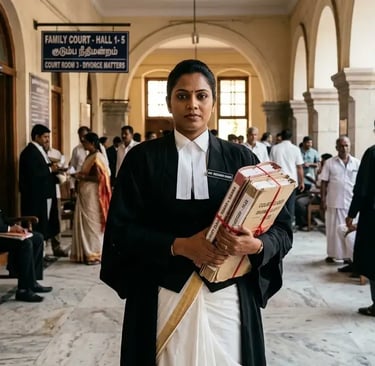 Best women lawyer in Chennai standing in family court handling divorce and maintenance case