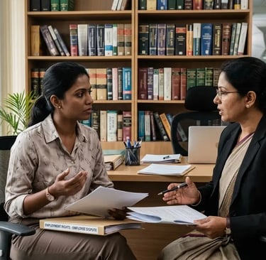 Female lawyer consulting a woman client about maintenance rights in a law office in Chennai