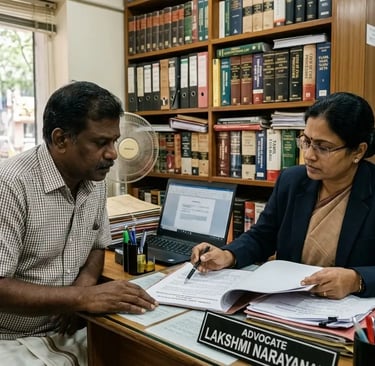 Best women lawyer in Chennai consulting client on legal documents and family law case in office