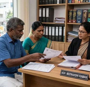 A couple consults with female lawyer Adv Meenakshi Raman in her office with law books.