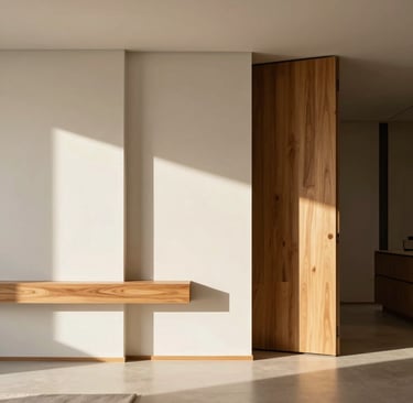 Fotografia arquitetônica minimalista de um interior residencial brasileiro de alto padrão com paredes em branco cremoso e detalhes em madeira clara, luz solar quente de final de tarde, linhas limpas e iluminação profissional de estúdio.