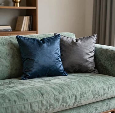 Detalhe de uma sala de estar elegante na América do Sul, apresentando um sofá em tom verde sálvia e almofadas de seda em azul carvão, estilo contemporâneo sofisticado, fotografia de design de interiores de alta qualidade.