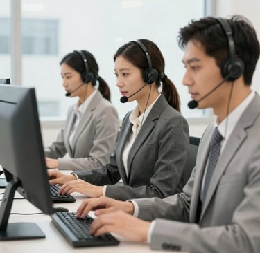 A friendly customer service representative answering calls in a modern office with industrial equipment visible through the window.