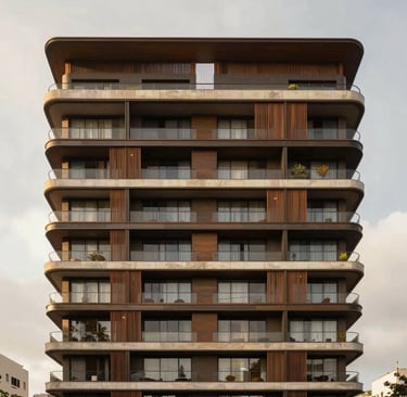 Elegant modern architectural facade of a luxury residential building in Porto Alegre, soft overcast daylight, rich warm tones, deep shadows, high-end editorial 35mm photography