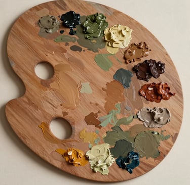 A close-up photograph of an artist's wooden palette with thick strokes of oil paint in Charcoal Olive, Muted Earth Brown, and Warm Sandy Taupe. The texture is rich and organic, captured in soft, natural morning light on a Soft Creamy Off-White background.