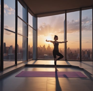 A serene shot of a professional athlete stretching in a minimalist recovery lounge bathed in soft natural light.