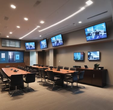 An installed display glowing softly in a dimly lit conference room, ready for presentations.