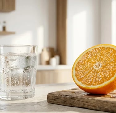 Sliced Seville orange and mineral water in a wellness clinic, representing the 30-second Spanish metabolism ritual biohack.