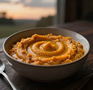 A vibrant bowl of creamy carrot soup garnished with fresh herbs and a sprinkle of root flour.