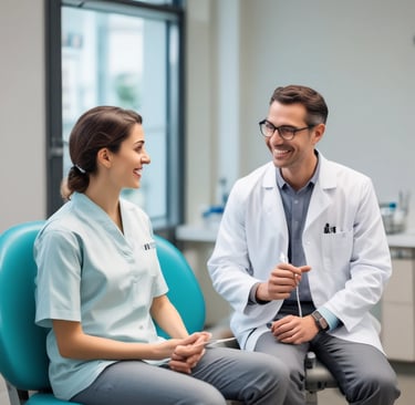 A smiling dental assistant using a tablet showing AI software for patient management.