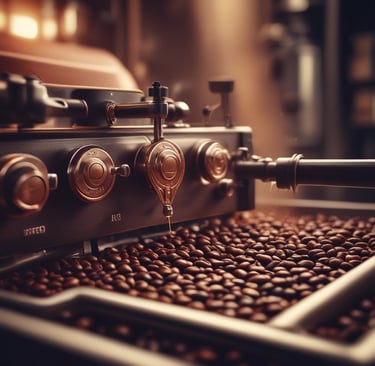 Close-up of freshly roasted coffee beans spilling from a burlap sack in a rustic setting