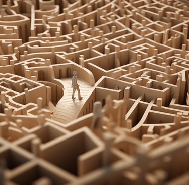A small human figure navigates a complex beige 3D architectural labyrinth maze representing problem solving.