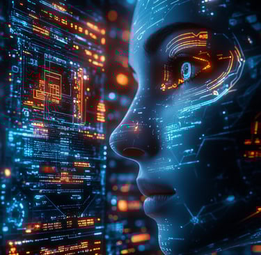 Futuristic digital AI face with glowing circuit patterns and orange data visualization overlays.