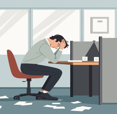 Stressed office worker sitting at a desk with head in hands, experiencing work burnout and stress.