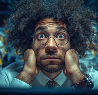 Stressed office worker with an afro looking overwhelmed by piles of paperwork and deadlines.