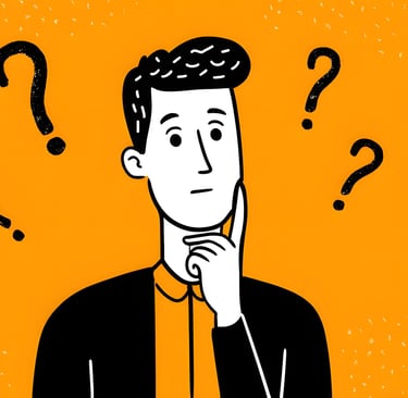 Confused man thinking with question marks illustration on an orange background.