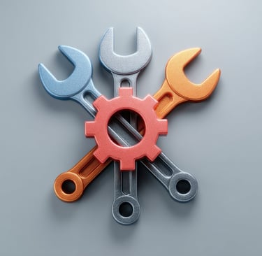 Three metallic wrenches crossed behind a red gear icon symbolizing industrial repair and configuration services.