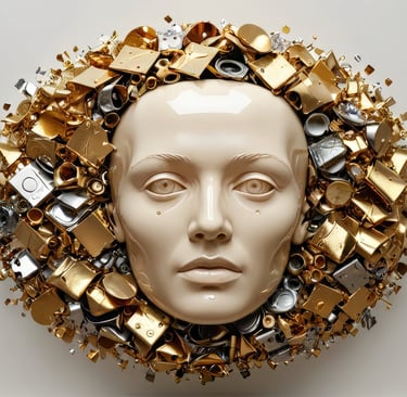 Surrealistic white ceramic human face surrounded by a circular halo of golden and silver scrap metal