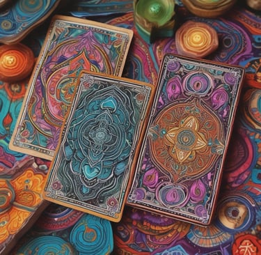 A serene workspace with tarot cards, a notebook for reflections, and a steaming cup of tea