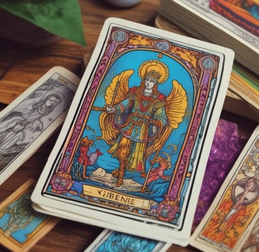 A close-up of a tarot spread featuring The Lovers card illuminated by soft candlelight