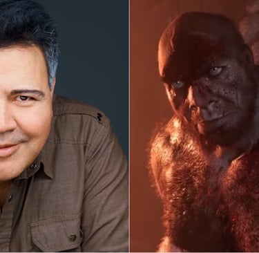 Actor Juan Carlos Velis (left) who plays Dah (right) in the videogame Far Cry Primal