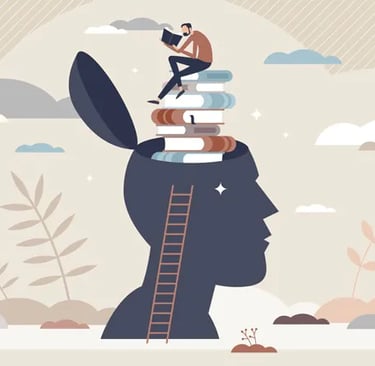 dessin d'une tete remplie d'une montagne de livre sur laquelle est assis un homme en train de lire.