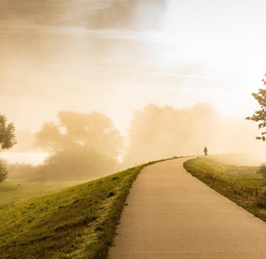 Une silhouette sur une route eclairée par le soleil du matin