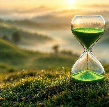 sablier  qui s'écoule  devant un paysage de matin brumeux