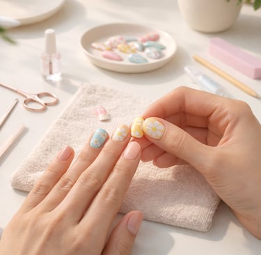 Hand-painted floral nail art featuring yellow and blue daisy designs with manicure tools on a towel.
