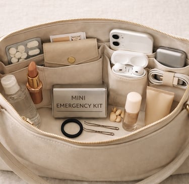 Beige purse organizer insert with emergency kit, makeup, and electronics for handbag storage.