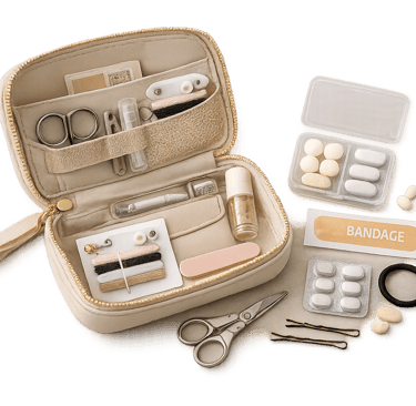 Portable travel emergency kit with sewing supplies, bandages, and medication in a compact case.